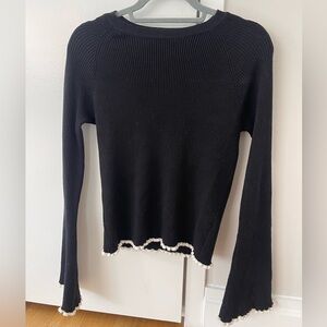 Black Ribbed Sweater with Pom Pom Trim